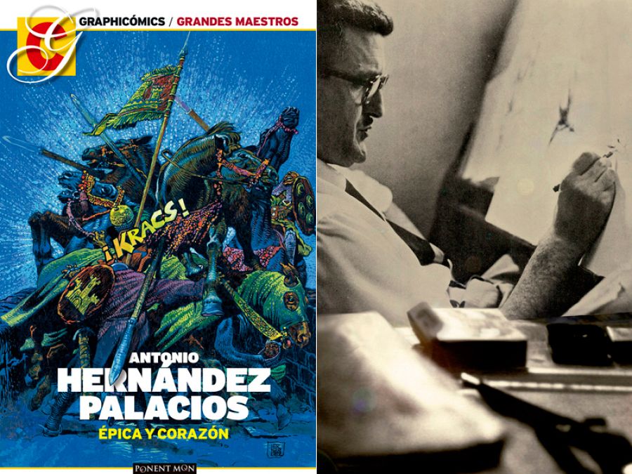 Portada de 'Antonio Hernández Palacios. Épica y corazón' y el autor trabajando