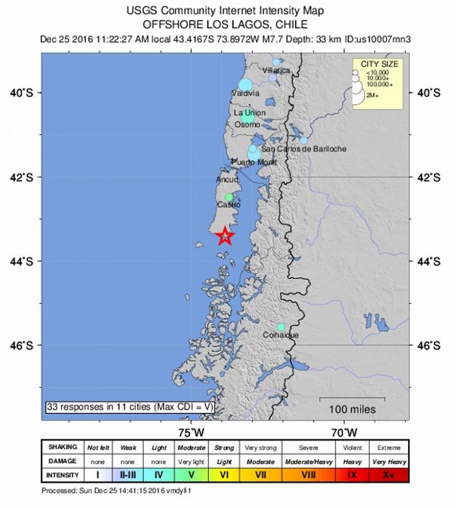 Imagen del Servicio Geológico de EE.UU. El terremoto se ha producido a 225 Km. de la costa y a 15 kilómetros de profundidad.