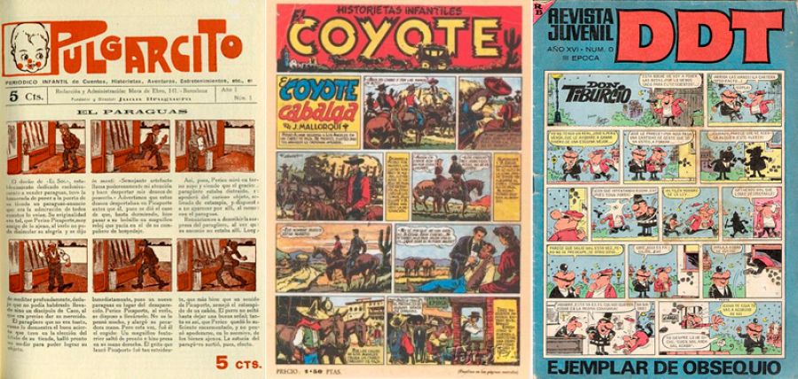 Portadas de 'Pulgarcito', 'El Coyote' y 'DDT'