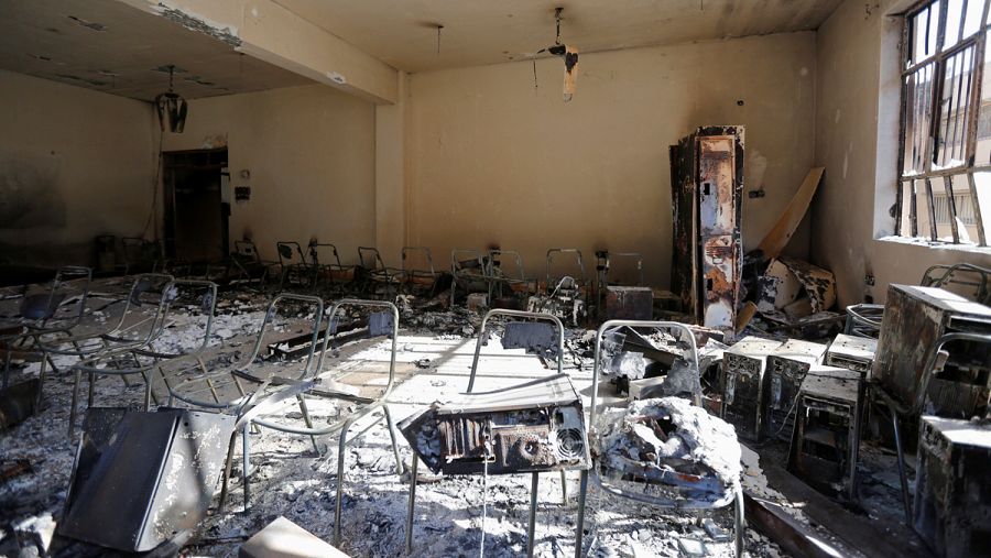 Fotografía del interior de la Universidad de Mosul tras los combates con el Estado Islámico.