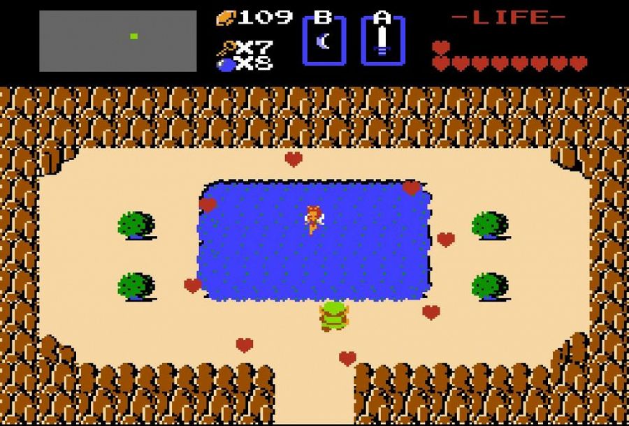 Momento en el que Zelda recupera sus corazones (vida) en el lago de las hadas, en el juego para NES