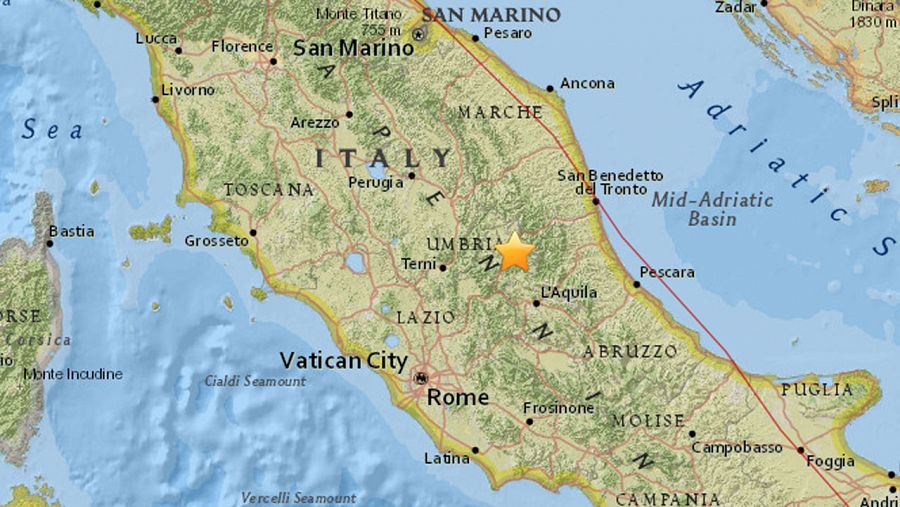 Mapa del Servicio Geológico de los Estados Unidos que muestra el epicentro del terremoto en Italia.