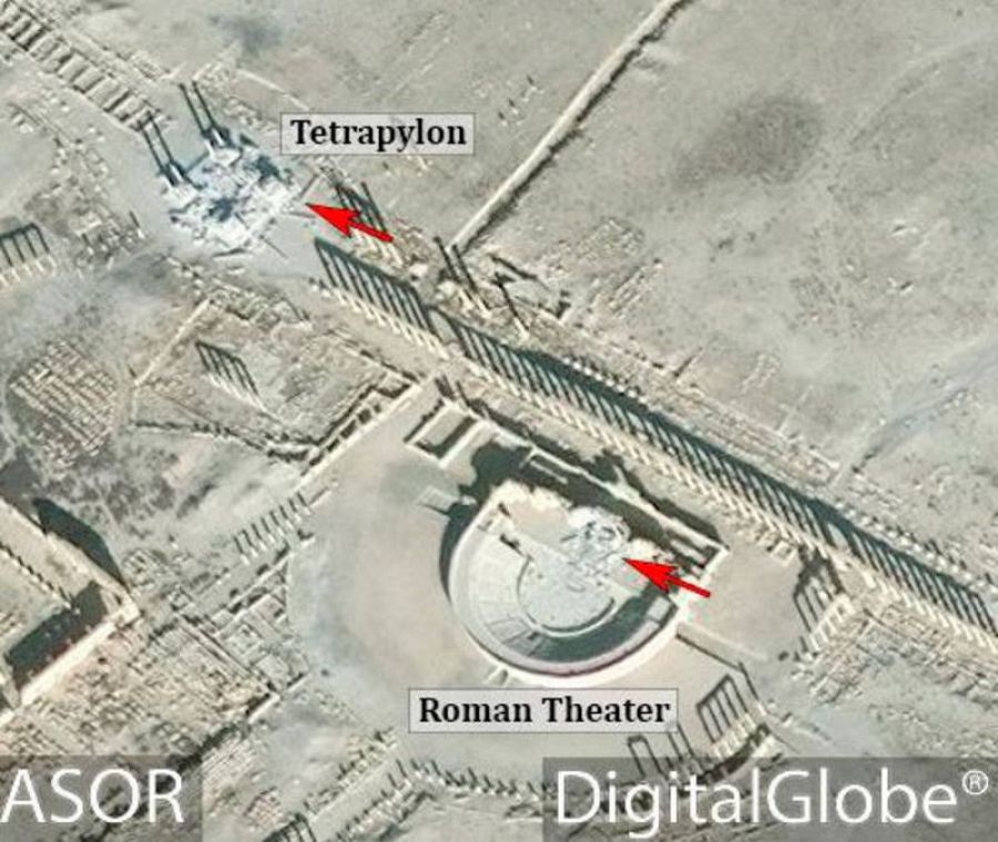 Imágenes satélites de los daños en el teatro romano y el Tetrápilo de Palmira