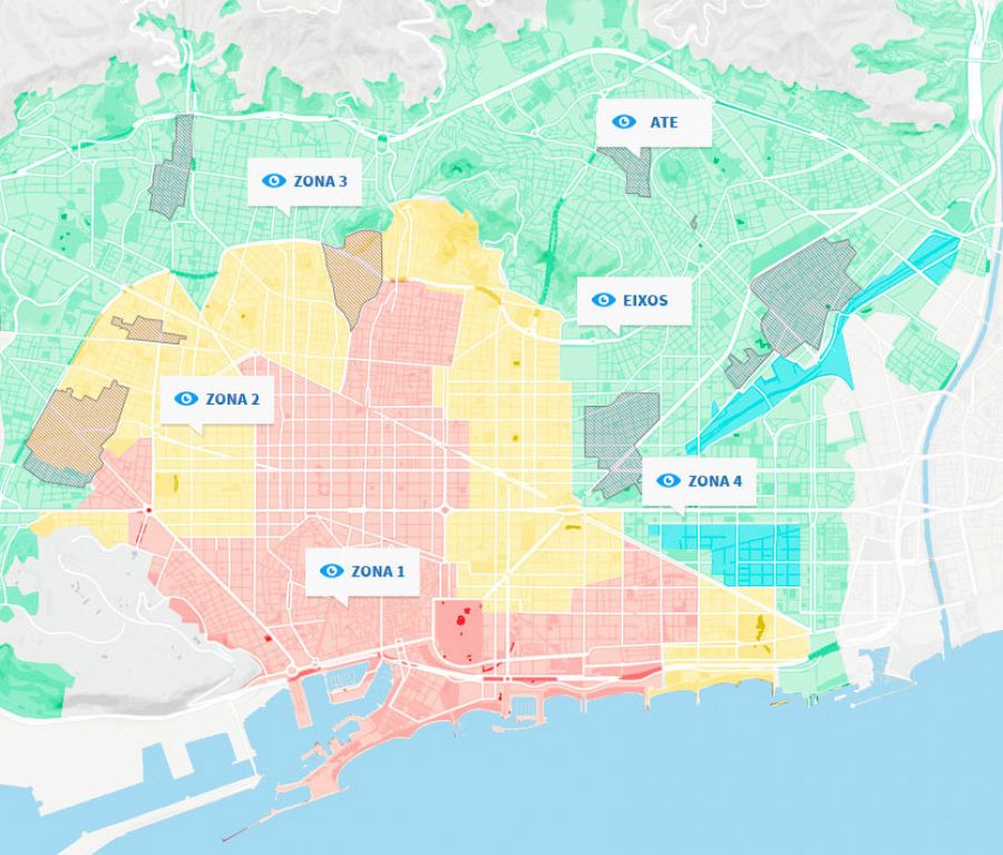 Mapa del Ayuntamiento de Barcelona que muestra la división de la ciudad en zonas de decrecimiento hotelero.