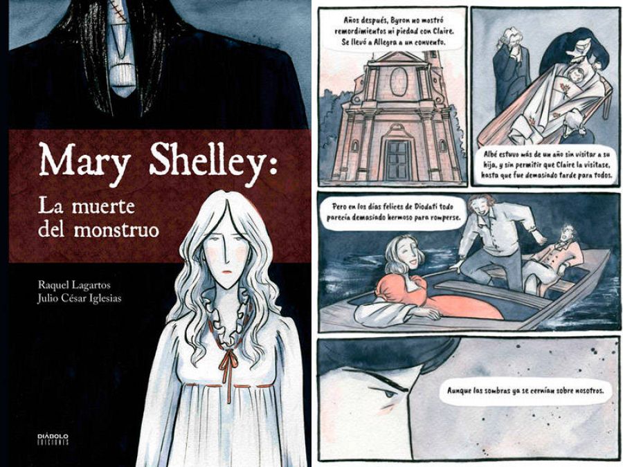 Portada y página de 'Mary Shelley: La muerte del monstruo'