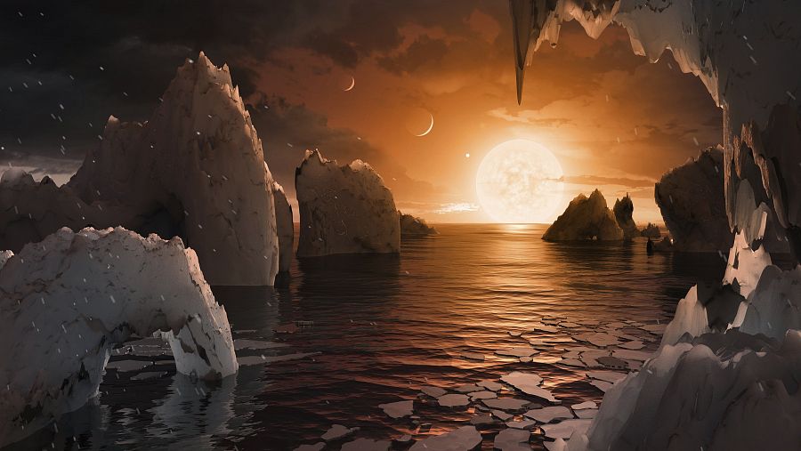 Recreación de cómo podría ser la superficie de uno de los planetas, el exoplaneta TRAPPIST-1f.