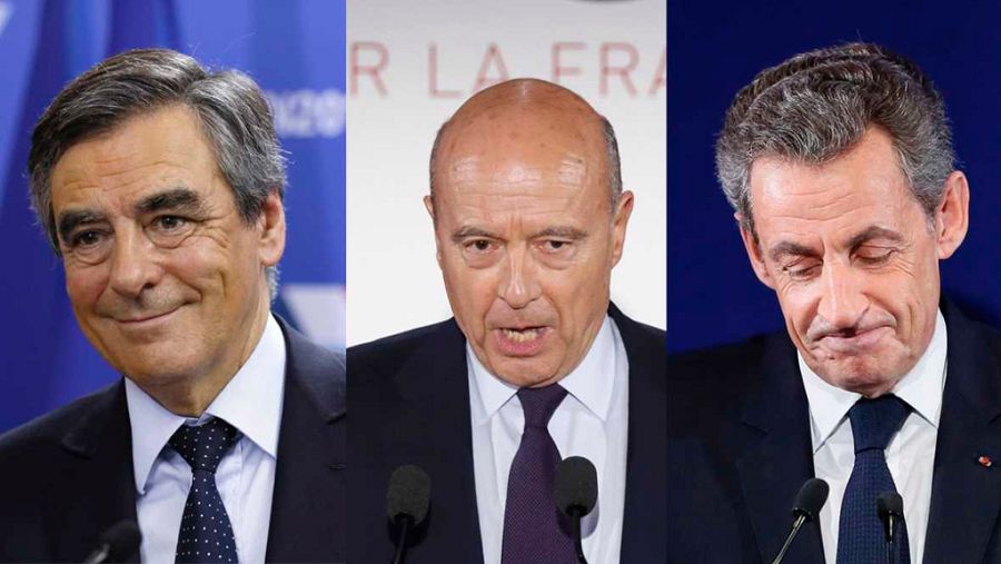 De izquierda a derecha, los líderes de Los Republicanos franceses durante las primarias: François Fillon, Alain Juppe y Nicolas Sarkozy.