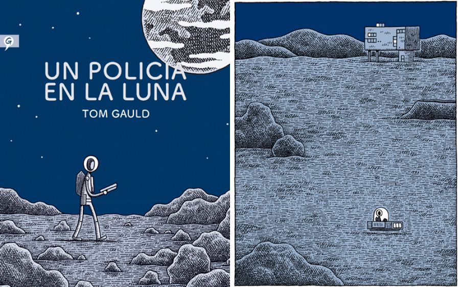 Portada y página de 'Un policía en la luna'