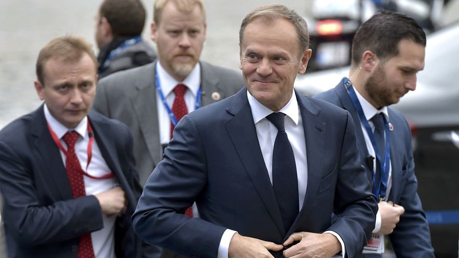 El presidente del Consejo Europeo Donald Tusk asiste a un mitin de Plataforma Cívica entes de la cumbre del Consejo
