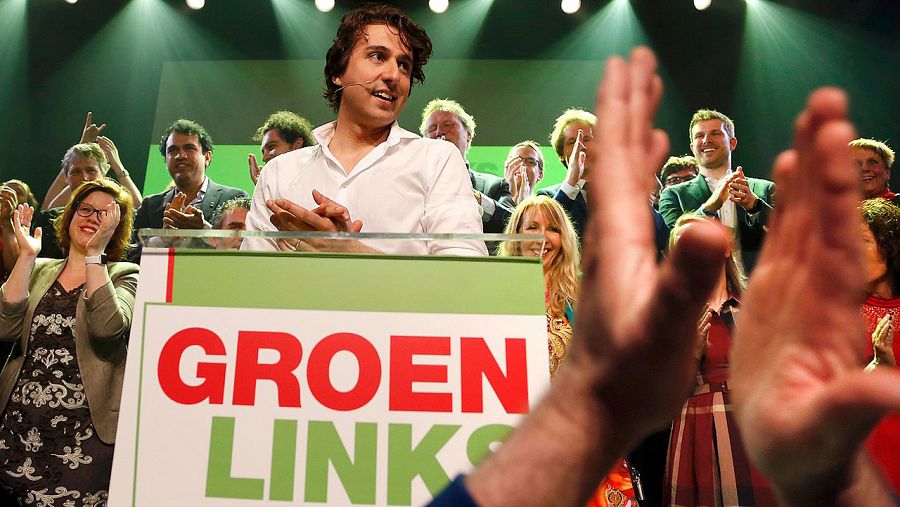 El líder de Los Verdes holandeses, Jesse Klaver, en un mitin en Amsterdam