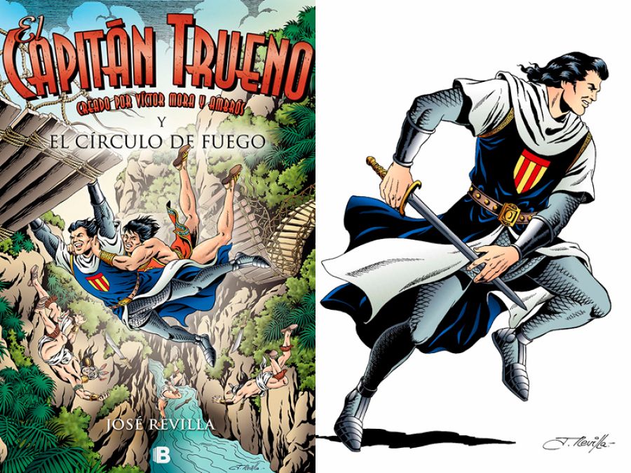 Portada de 'El Capitán trueno y el círculo de fuego' e ilustración de José Revilla