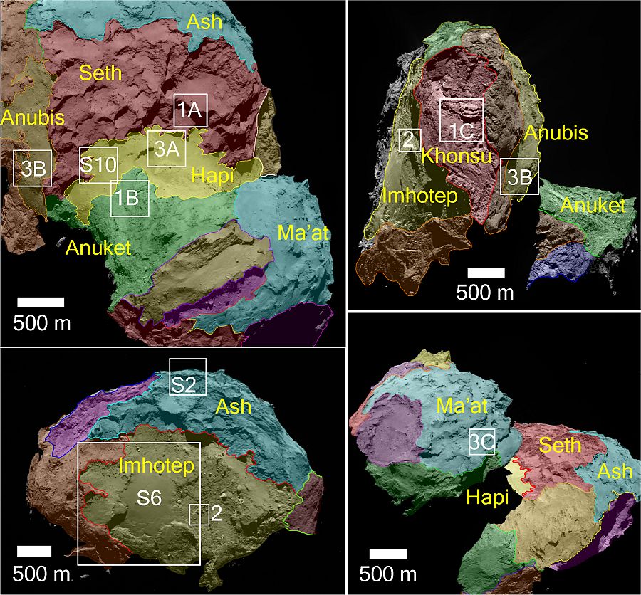 El cometa 67P visto desde distintas orientaciones, con las regiones delimitadas. ESA