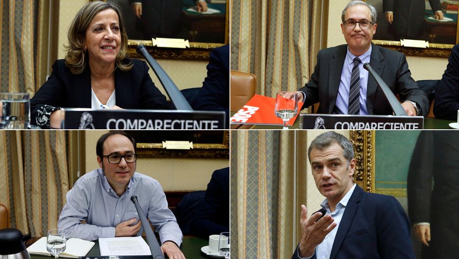 Los tesoreros Carmen Navarro (PP), Gregorio Martínez (PSOE) y Daniel de Frutos (Podemos) y el presidente de la comisión para la auditoría de la calidad democrática, Toni Cantó (Cs).