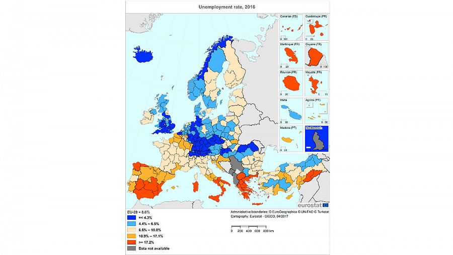 Mapa con las tasas de paro de todas las regiones de Europa.