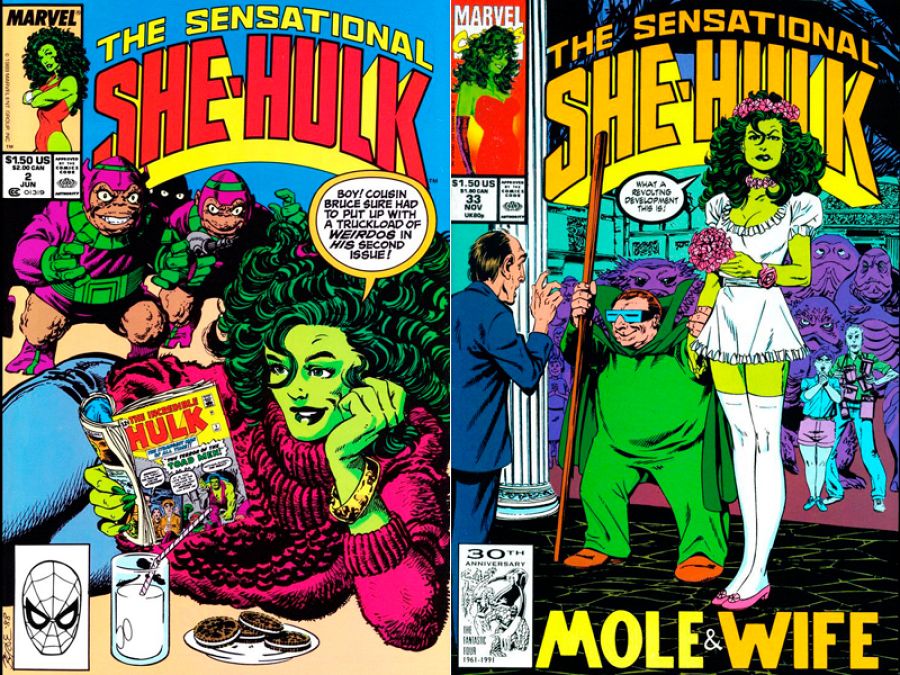 Dos portadas de Hulka en situaciones comprometidas con villanos (los Hombres Sapo y el Topo)