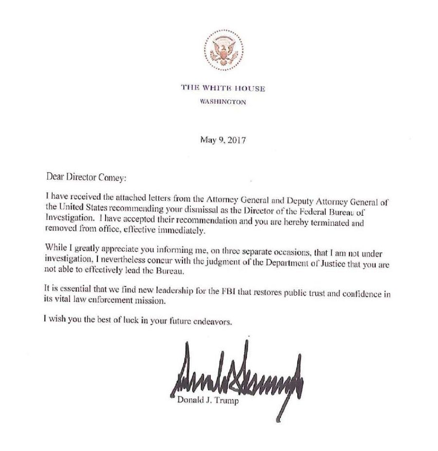 Imagen de la misiva enviada por Trump a Comey comunicándole su despido