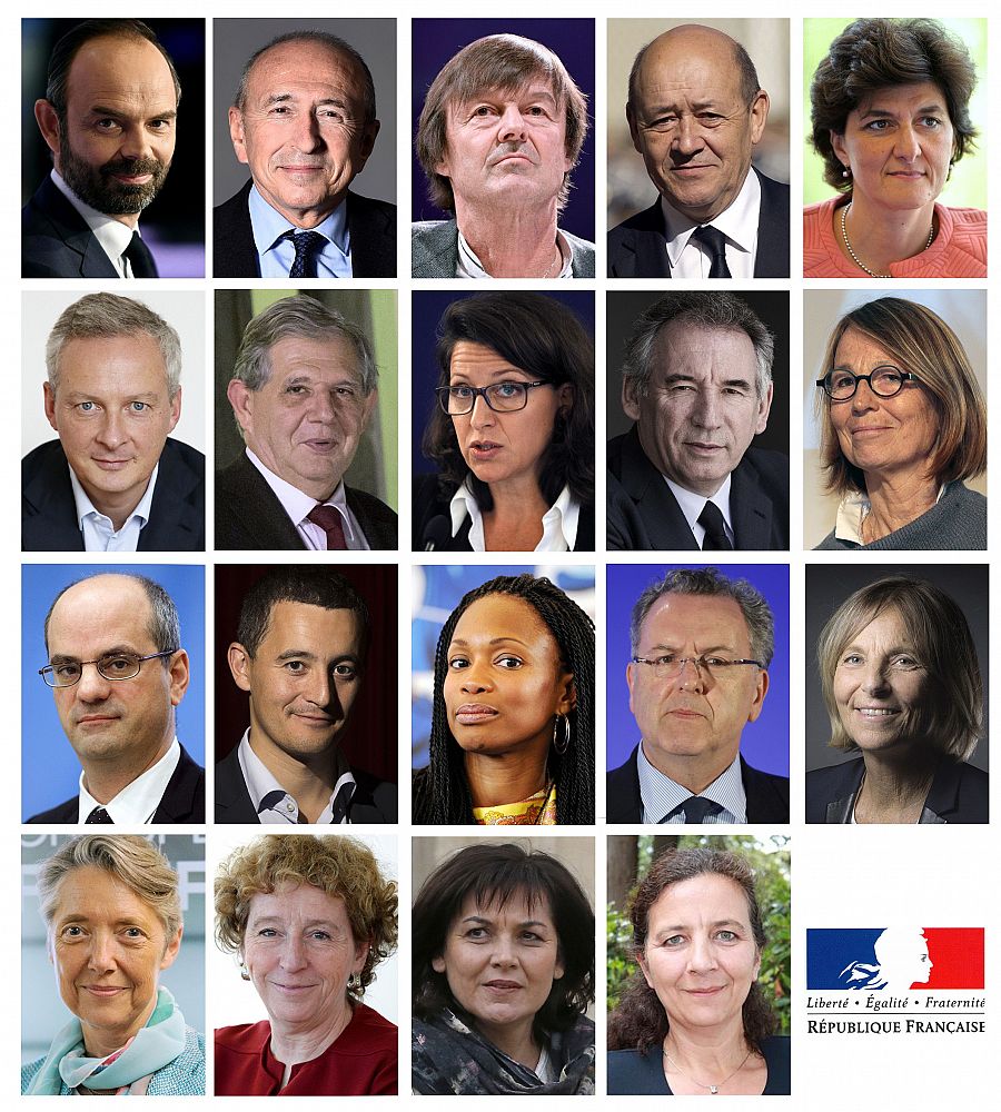 De izquierda a derecha y de arriba a abajo: Edouard Philippe, Gerard Collomb, Nicolas Hulot, Jean-Yves Le Drian, Sylvie Goulard, Bruno Le Maire, Jacques Mezard, Agnes Buzyn, Francois Bayrou, Francoise Nyssen, Jean-Michel Blanquer, Gerald Darmanin, L