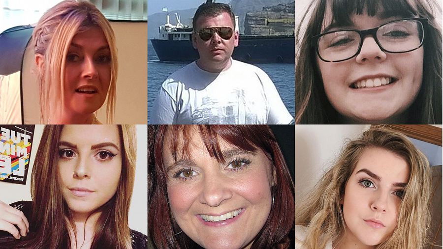 Fotografías de algunas de las víctimas del atentado de Mánchester. De izda. a dcha. y de arriba a abajo: Michelle Kiss; Philip Tron; Georgina Callander; Courtney Boyle; Elaine McIver; Eilidh McLeod.