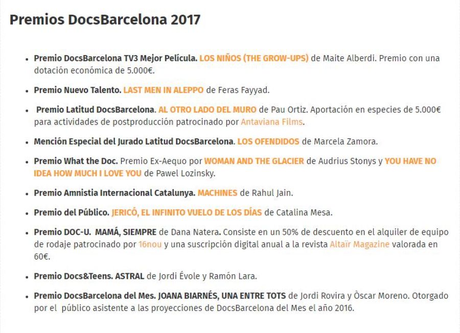 Relación de premiados en la 20a edición del DocsBarcelona