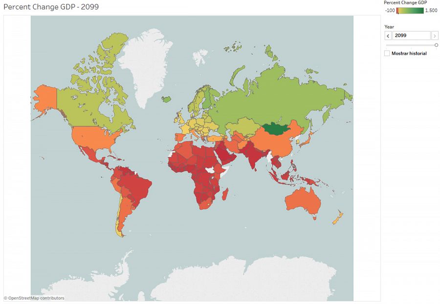 Porcentaje del PIB en la economía de los países en 2099, en comparación con 2016.