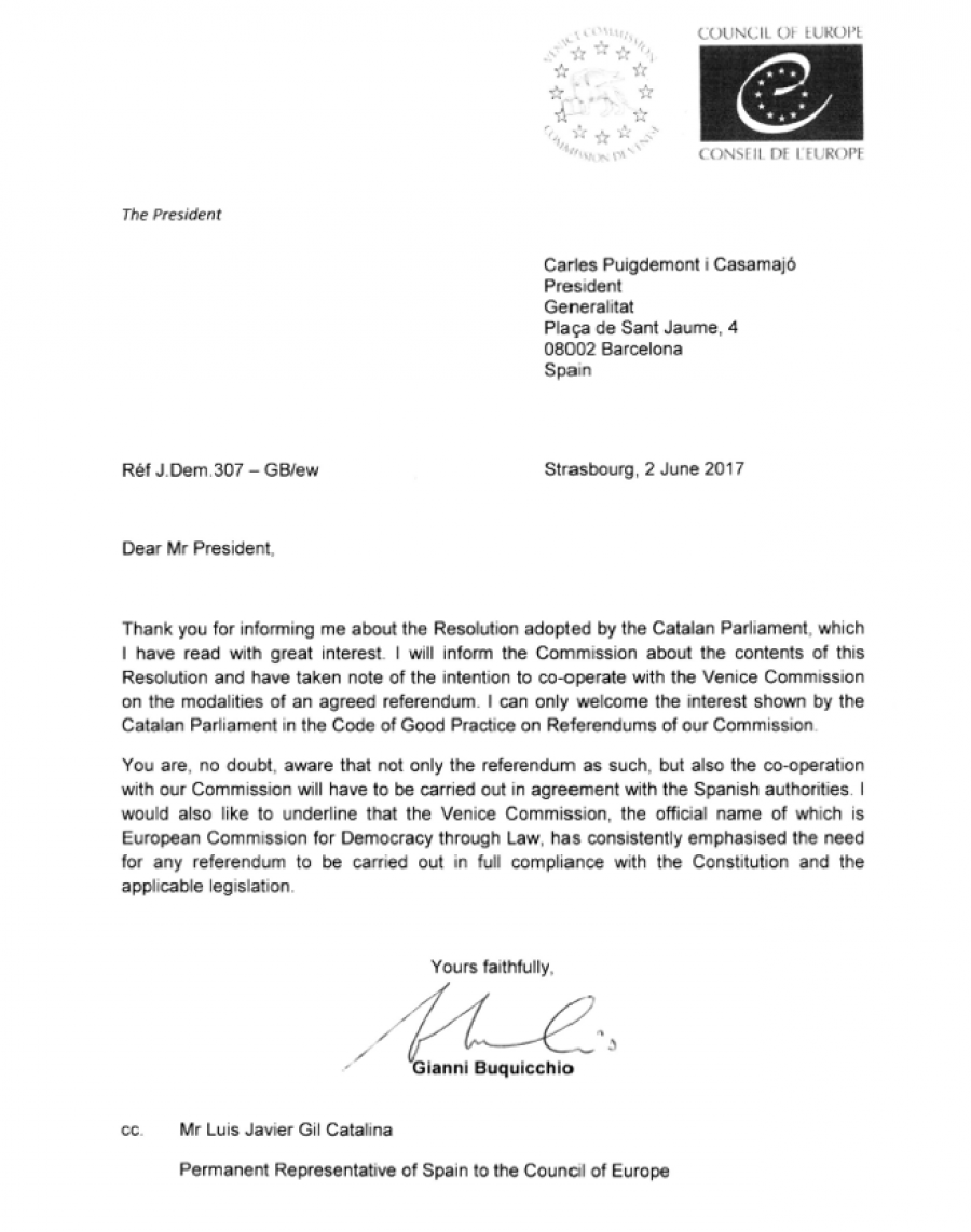 Carta de la Comisión de Venecia en respuesta a Puigdemont