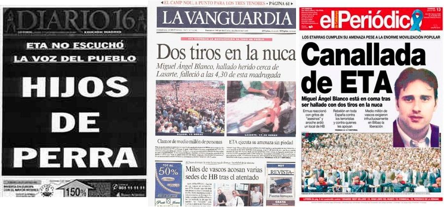 Portadas de Diario 16, La Vanguardia y El Periódico del 13 de julio de 1997