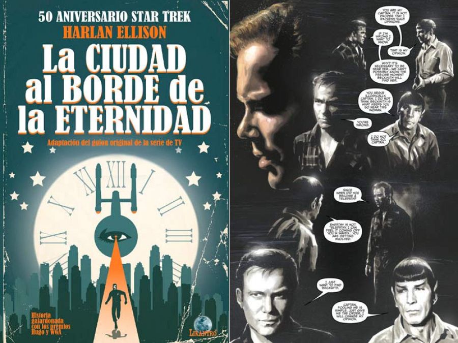 Portada y página de 'La ciudad al borde de la eternidad'