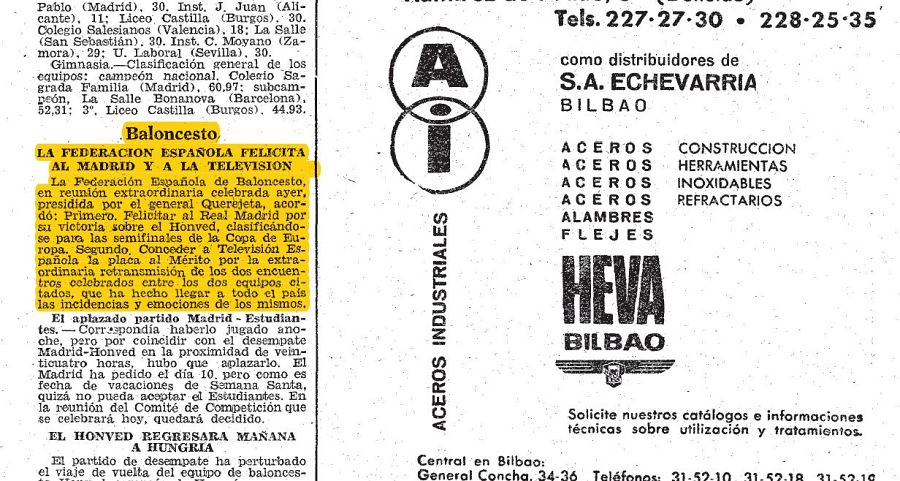 Historia de TVE - ABC 4 de abril de 1963 - Primera retransmisión de un partido de baloncesto por TVE