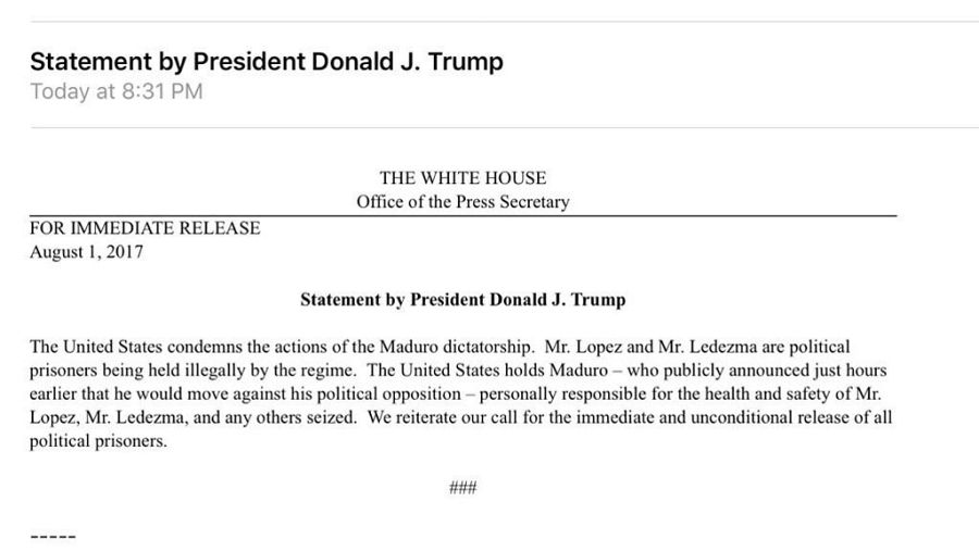 Imagen del comunicado de Trump sobre Venezuela emitido por la Casa Blanca