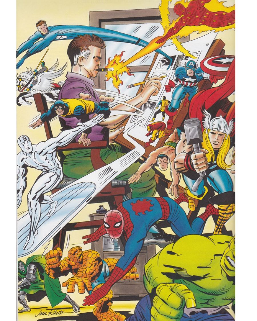 Autorretrato de Jack Kirby rodeado de los personajes de Marvel