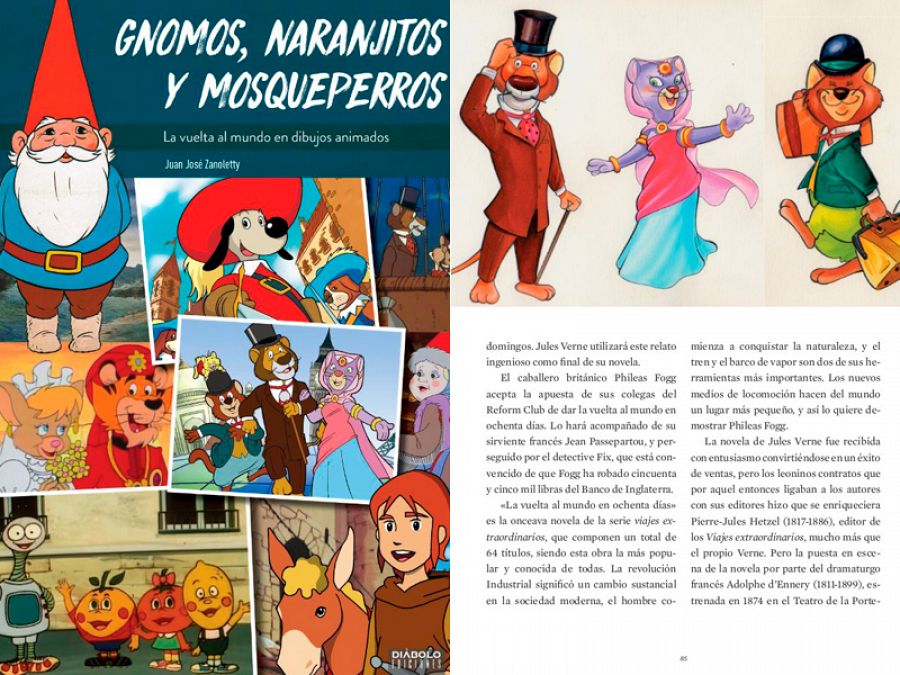 Portada y página del libro 'Gnomos, naranjitos y mosqueperros. La vuelta al mundo en dibujos animados'