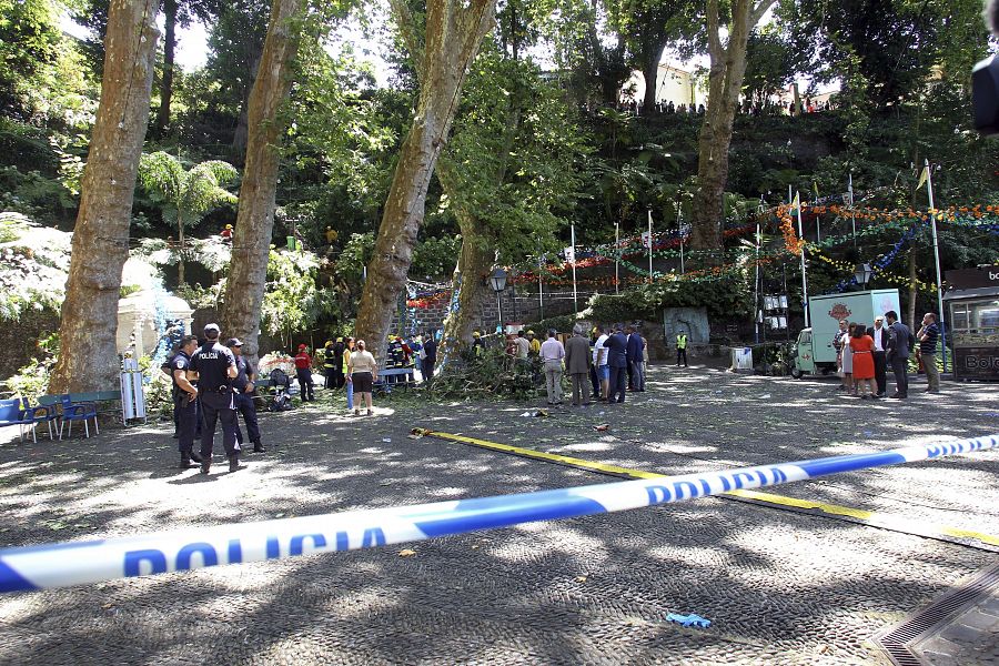 Los servicios de emergencia, en el lugar donde un árbol ha caído sobre una romería en Madeira