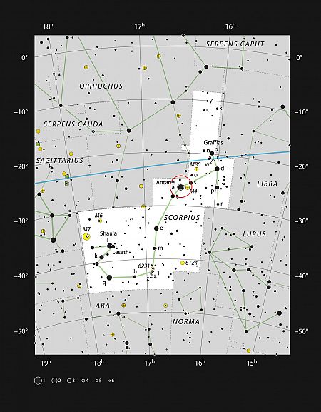 Gráfico que muestra la constelación de Escorpio. En el corazón de este grupo de estrellas se encuentra la supergigante roja Antares. ESO