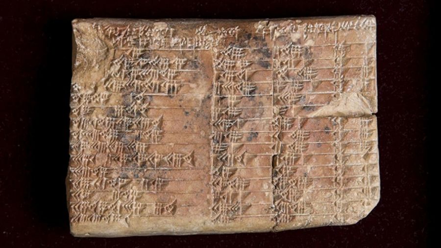 La pieza lleva inscritas cuatro columnas y 15 filas de números en base sexagesimal, en escritura cuneiforme.