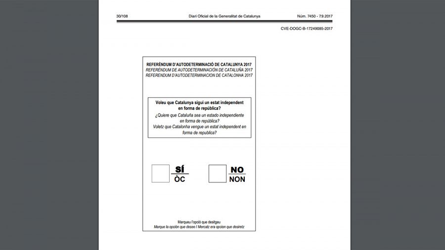 Modelo de papeleta para el referéndum del 1-O en Cataluña, publicada por la Generalitat