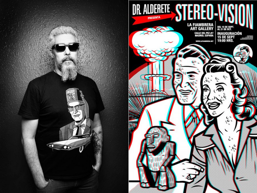 Dr. Alderete y cartel de la exposición 'Stereo-Vision'
