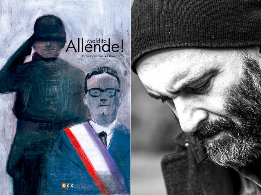 Portada de ¡Maldito Allende! y el dibujante Jorge González