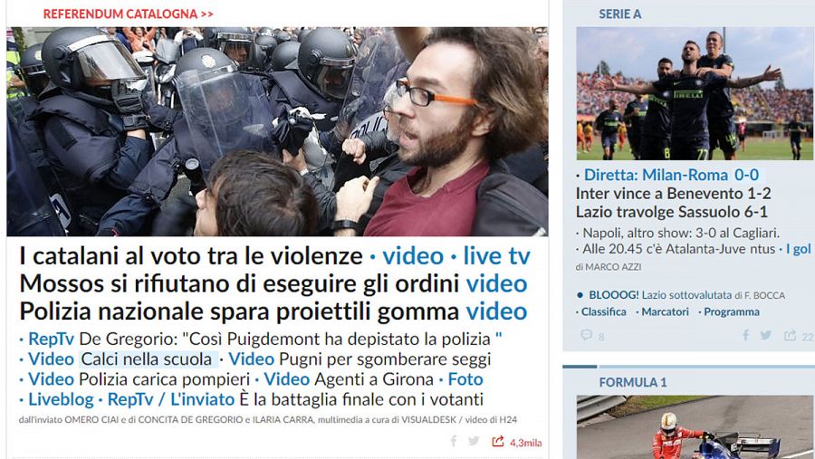 La Repubblica informa sobre las cargas policiales y la inaccion de los Mossos a ejecutar las órdenes judiciales