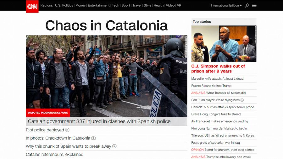 'Caos en Cataluña' titula la edición digital de la CNN.