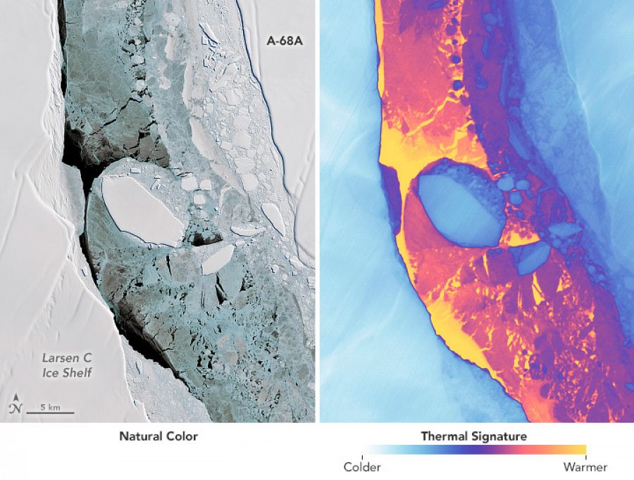 Detalle de la parte inferior del iceberg A68A, donde se ve otro más pequeño, sin nombre