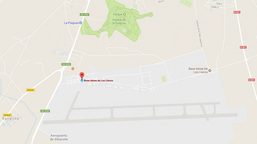 Mapa con la localización de la base aérea de Los Llanos y el parque de La Pulgosa, en Albacete (Google Maps)