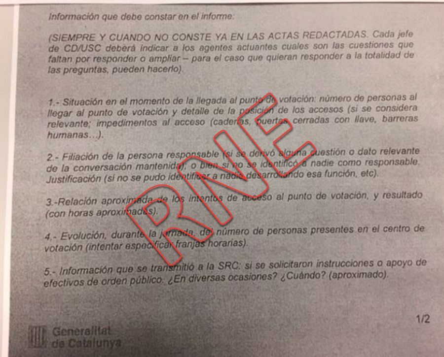 Documento interno de los Mossos al que ha tenido acceso RNE.