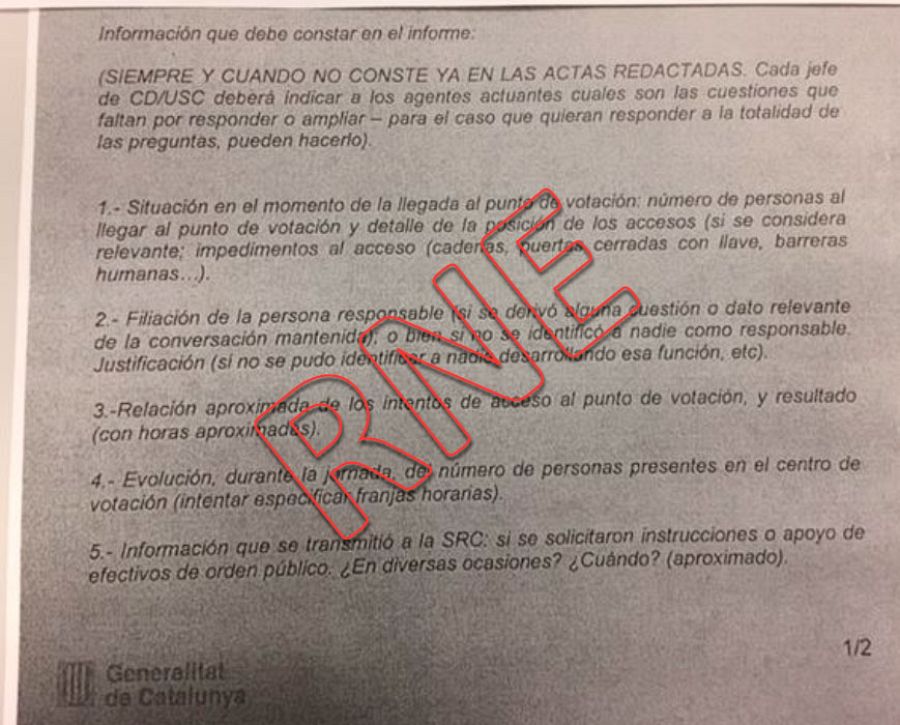 Documento interno de los Mossos al que ha tenido acceso RNE.