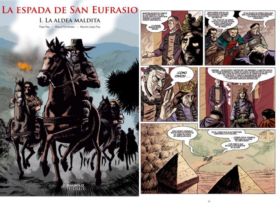 Portada y página de 'La espada de San Eufrasio 1.La aldea maldita'