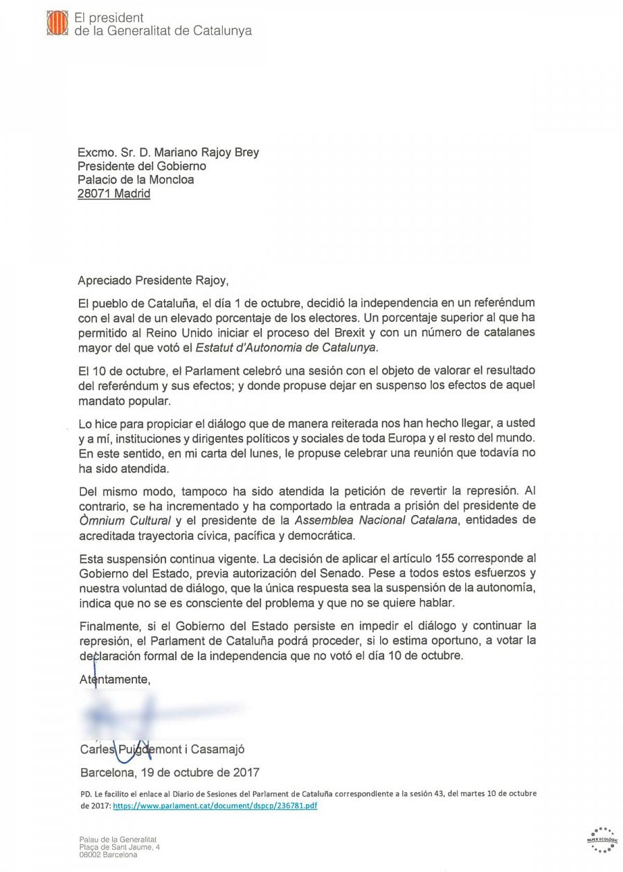 Carta de Puigdemont al segundo requerimiento de Rajoy.