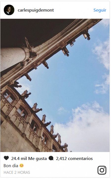 Mensaje colgado por Carlos Puigdemont en la red Instagram, supuestamente con una imagen del interior del Palau de la Generalitat
