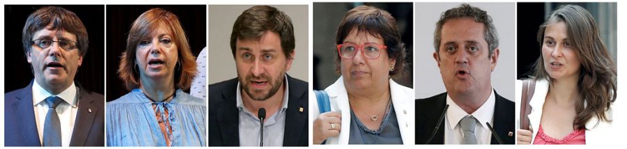 De izquierda a derecha, Carles Puigdemont, Meritxell Borràs, Toni Comin, Dolors Bassa, Joaquim Forn y Meritxell Serret
