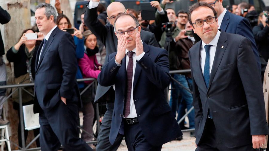 Los exmiembros del Govern (Joaquín Forn, Raül Romeva, Jordi Turull y Josep Rull) a su llegada a la sede de la Audiencia Nacional el pasado jueves.