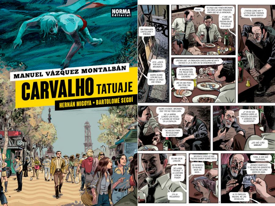 Portada y página de 'Carvalho. Tatuaje'