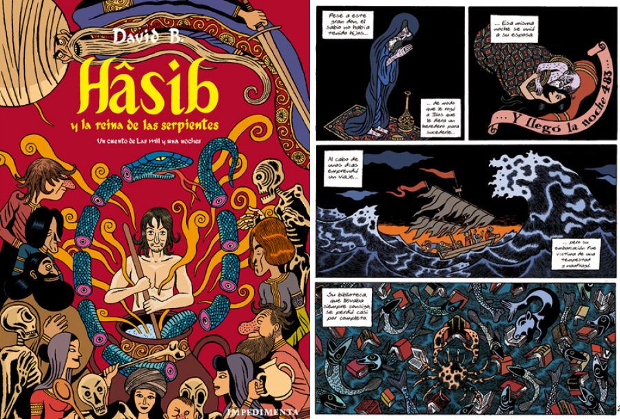 Portada y página de 'Hâsib y la reina de las serpientes'